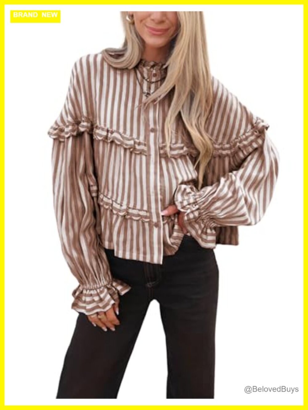 Women's Striped Ruffle Button-Down Blouse Long Sleeve Top